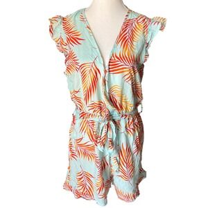 Cupshe Tropical Palm Leaf Print Romper Resortwear Teal Orange V-Neck Womens L